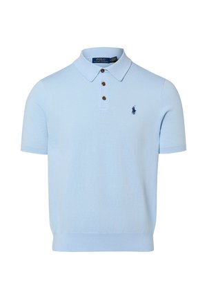 Light blue short-sleeve polo shirt with a collar, three brown buttons, and small dark blue embroidered horse and rider logo on the chest.