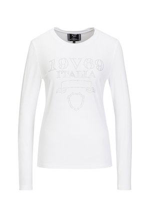Langarm-weißer T-Shirt aus Baumwolle mit einem mittig platzierten, mit Strass besetzten Druck mit "1989 ITALIA" und einem Wappenemblem.