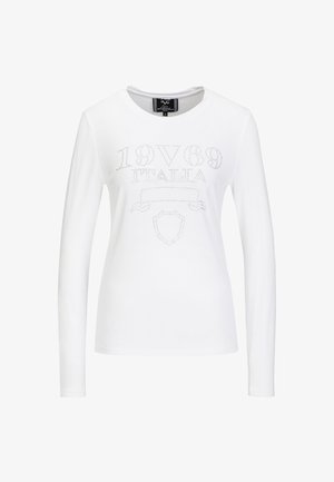 Langarm-weißer T-Shirt aus Baumwolle mit einem mittig platzierten, mit Strass besetzten Druck mit "1989 ITALIA" und einem Wappenemblem.