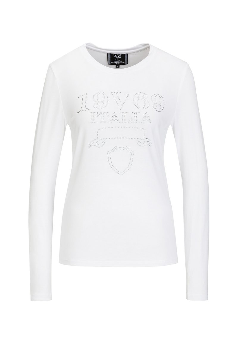 Wit t-shirt met lange mouwen van katoen, voorzien van een centraal geplaatst, met rhinestones versierd print met "1989 ITALIA" en een schildembleem.