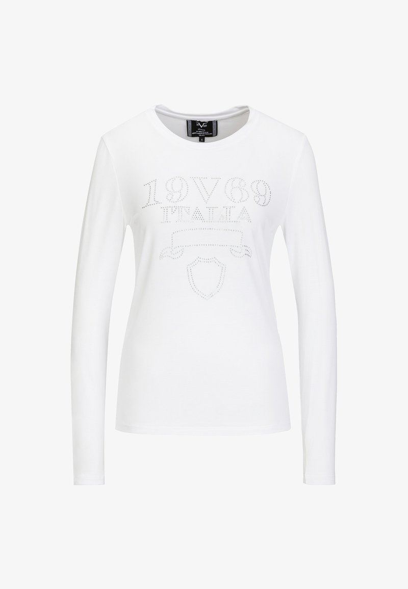 Wit t-shirt met lange mouwen van katoen, voorzien van een centraal geplaatst, met rhinestones versierd print met "1989 ITALIA" en een schildembleem.