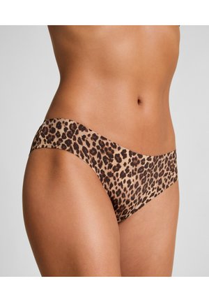 Leopard print panties with a smooth, beige base and dark brown leopard spots; seamless design, mid-rise cut, soft fabric texture.