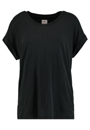 Must have lühikeste varrukatega must T-särk ümmarguse kaelusega, valmistatud pehmest kangast, laia lõike ja rullitud varrukatega, mis lisavad detaili.