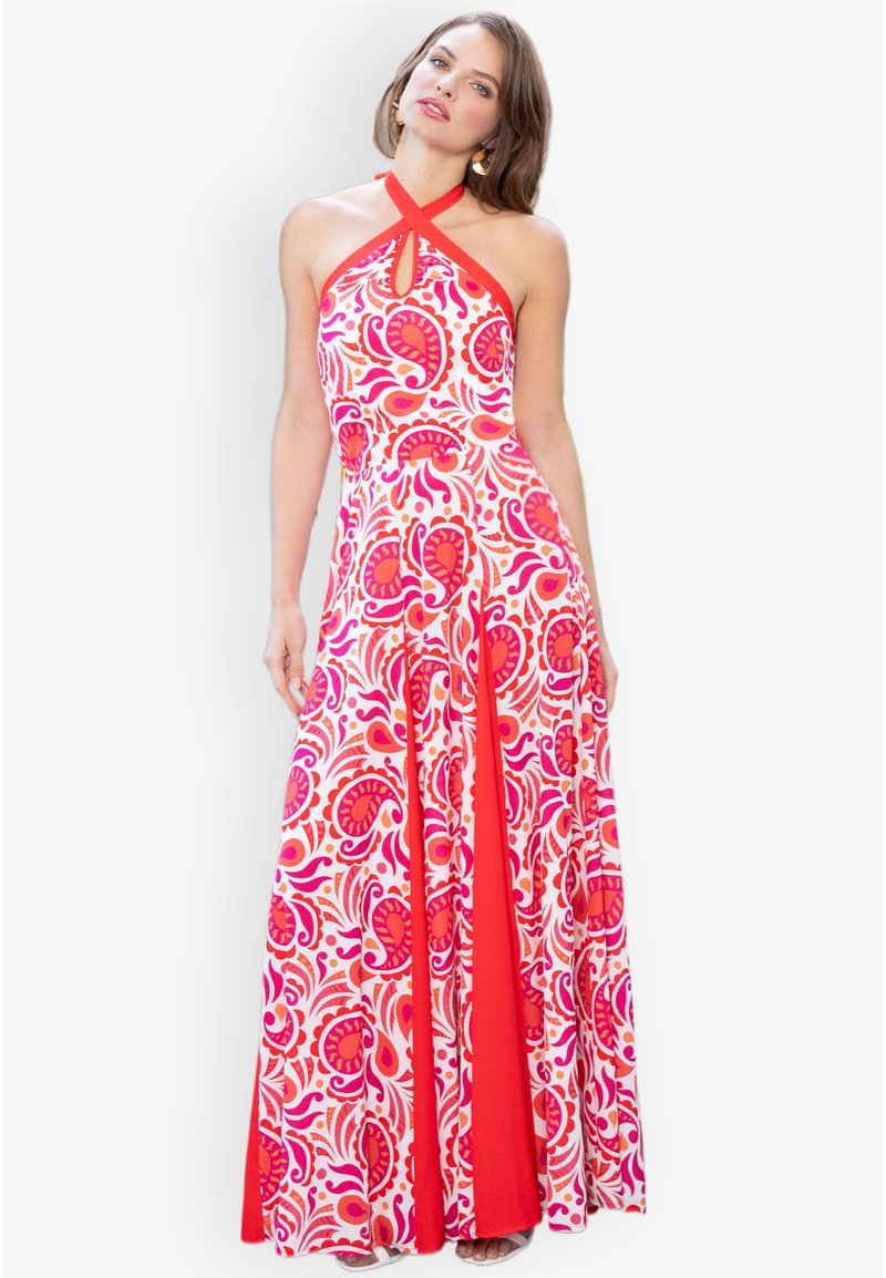 HotSquash HALTER NECK WITH CONTRAST PANELS - Maxi šaty - red white paisley swirl