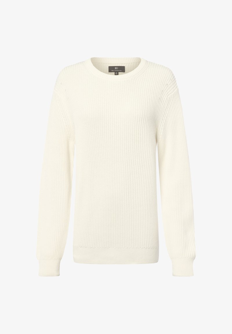 Weißer gerippter Strickpullover mit Rundhalsausschnitt, langen Ärmeln und strukturiertem Material. Verfügt über eine lockere Passform und leicht zulaufende Bündchen.