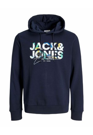 Felpa con cappuccio blu navy realizzata in tessuto morbido, caratterizzata da una grafica frontale con "JACK & JONES" in testo multicolore e cappuccio con cordino.