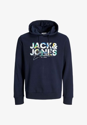 Felpa con cappuccio blu navy realizzata in tessuto morbido, caratterizzata da una grafica frontale con "JACK & JONES" in testo multicolore e cappuccio con cordino.