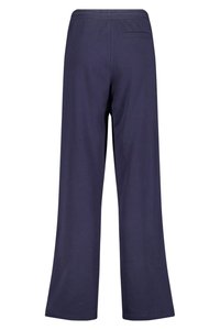 Pantaloni in cotone blu navy a gamba larga con una texture liscia, cintura elastica e una tasca posteriore singola. Senza motivi o componenti visibili.