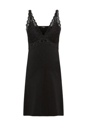 Abito nero con corpetto in pizzo con spalline larghe, tessuto liscio, silhouette aderente e lunghezza al ginocchio.