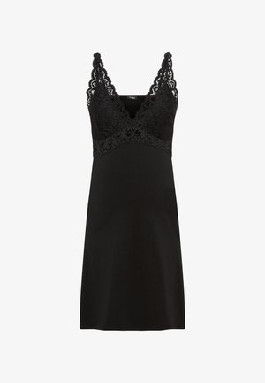 Czarna sukienka z koronkowym gorsetem na szerokich ramiączkach, gładkim materiałem, dopasowanym krojem i długością do kolan.