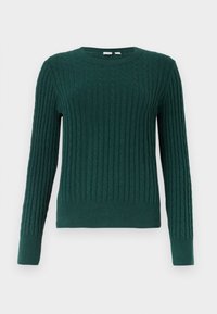 Pull en maille vert foncé avec un motif en relief, à manches longues et col rond. Les poignets et l'ourlet côtelés viennent parfaire le design.