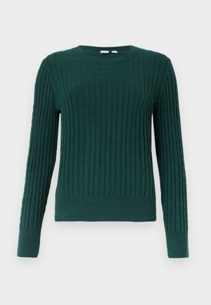 Dark green knitted sweater featuring a cable pattern, long sleeves, and a round neckline. Ribbed cuffs and hem finish the design.