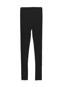 Svarta ribbade leggings med en åtsittande design, med spetsdetalj i fållen. Slät textur, elastisk tyg för komfort.
