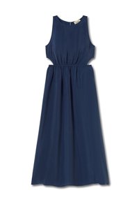 Vestido largo sin mangas de color azul marino con cintura ajustada y cortes laterales, que presenta una textura suave y un escote redondo.