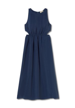 Marineblaues ärmelloses Maxikleid mit taillierter Form und seitlichen Ausschnitten, das eine glatte Textur und einen runden Ausschnitt aufweist.