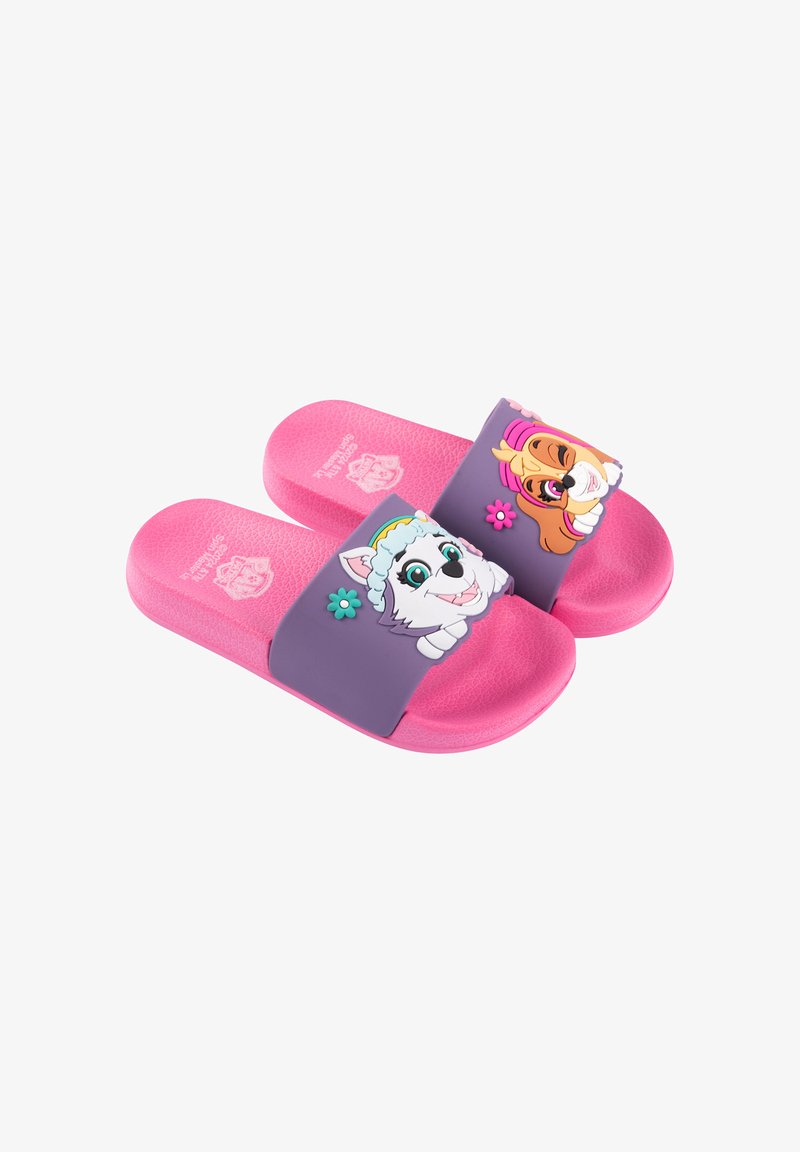 Pink slide sandals with a textured sole feature a purple strap adorned with cartoon animal faces and floral accents. Lightweight and colorful design.