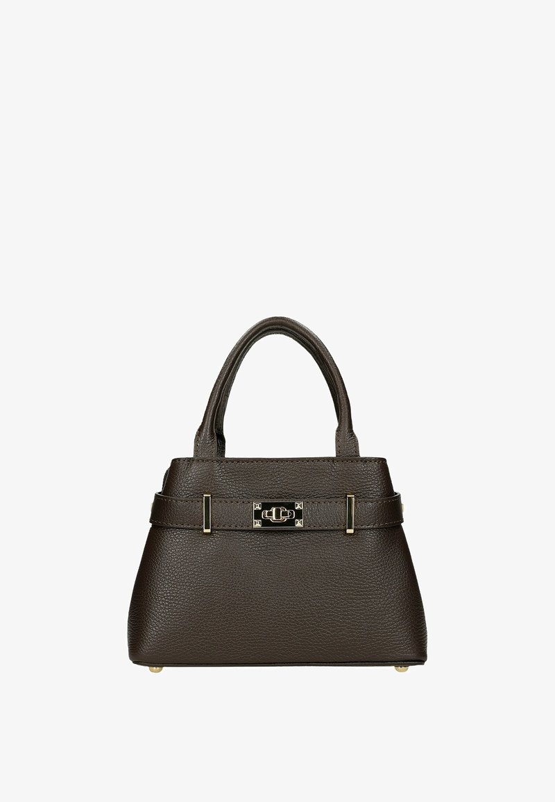 Sac à main en cuir marron foncé avec poignées courtes, surface texturée et fermoir rectangulaire doré sur la sangle avant.