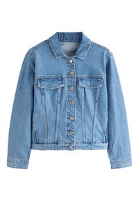 Svetlomodrá rifľová bunda s kovovými gombíkmi na prednom diele, náprsnými vreckami s chlopňami, golierom a dlhými rukávmi, položená na bielom pozadí.