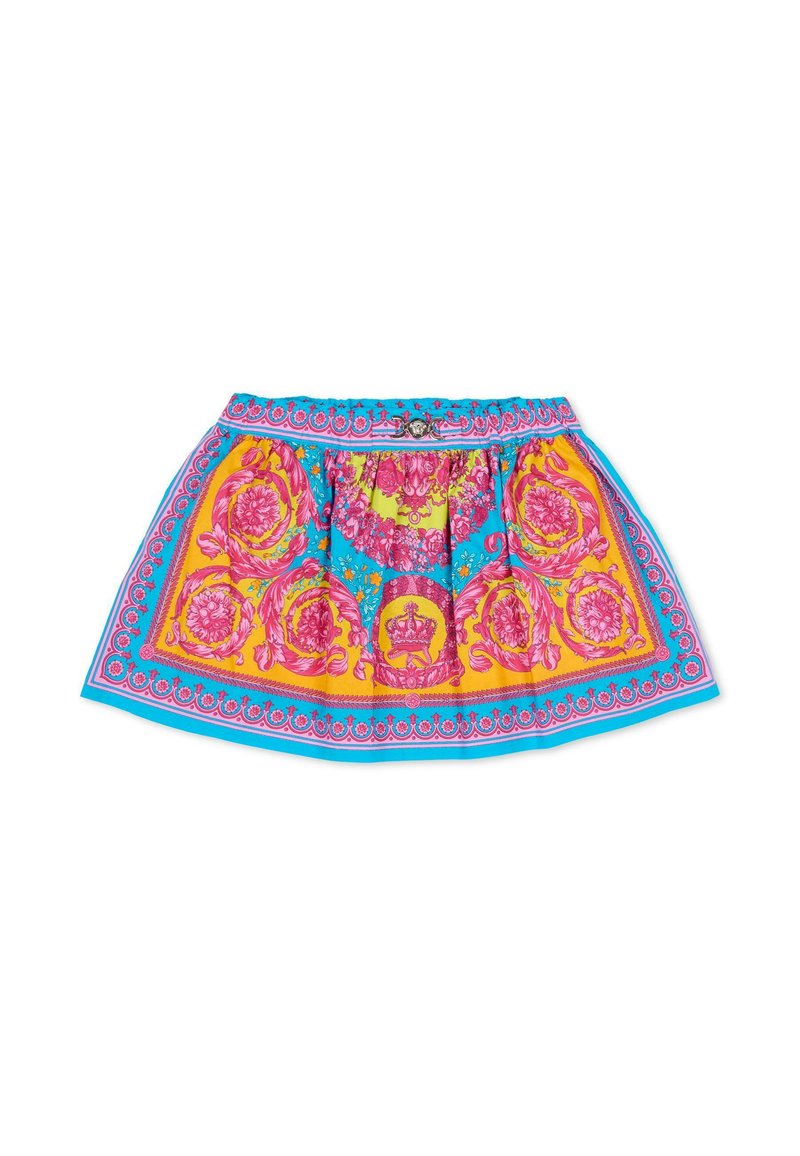 Kolorowa plisowana spódnica z jaskrawym żółto-niebieskim kwiatowym wzorem z różowymi akcentami oraz ozdobnym paskiem w talii. Wykonana z lekkiego materiału.