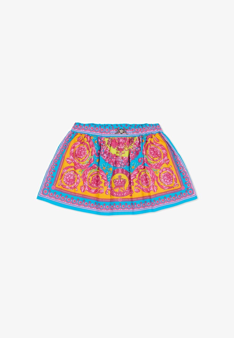 Kolorowa plisowana spódnica z jaskrawym żółto-niebieskim kwiatowym wzorem z różowymi akcentami oraz ozdobnym paskiem w talii. Wykonana z lekkiego materiału.