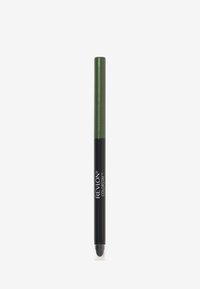 Green retractable eyeliner pencil with a metallic finish, featuring a black base with white branding and a clear cap at the end.