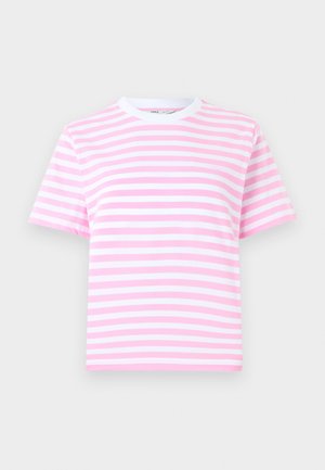 Kortærmet t-shirt med striber i pink og hvid, med rund halsudskæring og blødt stof. Har vandrette striber i forskellige bredder.