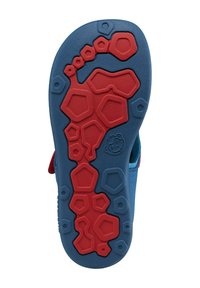 Suola di gomma blu con un motivo rosso di esagoni e forme arrotondate per una migliore trazione, caratterizzata da dettagli testurizzati e un'impronta del logo.