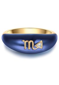 Modrý smaltovaný prsteň s hladkým, zaobleným dizajnom. Obsahuje zlatý astrológický symbol Škorpióna a malú diamantovú akcentáciu.