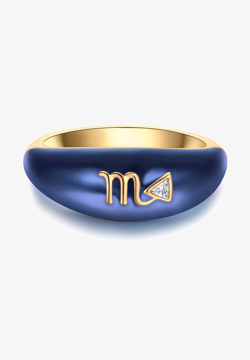 Modrý smaltovaný prsteň s hladkým, zaobleným dizajnom. Obsahuje zlatý astrológický symbol Škorpióna a malú diamantovú akcentáciu.
