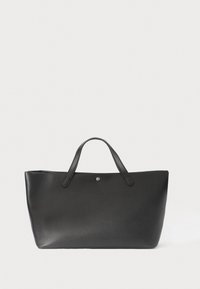 Black leather tote bag with two handles, minimalist design, smooth texture, featuring a small metal accent in the center front.