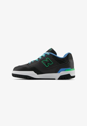Black leather athletic shoe with blue and green accents. Features textured surface, padded collar, and white rubber sole with grip pattern.
