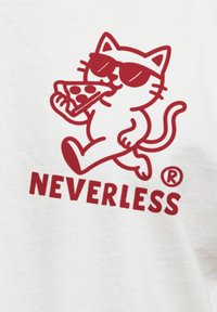 White cotton T-shirt featuring a red graphic of a cat in sunglasses, holding a slice of pizza, accompanied by the text "NEVERLESS."