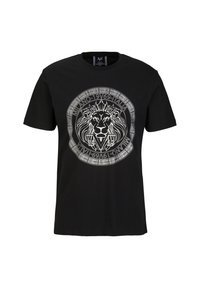 Schwarzes Baumwoll-T-Shirt mit einem zentralen weißen Löwengrafik innerhalb eines kreisförmigen Rahmens, mit dem Text "Milano 1969 Italia." Rundhalsausschnitt.