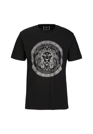 Zwarte katoenen t-shirt met een centrale witte leeuwgrafiek binnen een cirkelvormige rand, met tekst "Milano 1969 Italia." Crewneck ontwerp.
