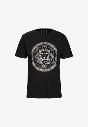 Schwarzes Baumwoll-T-Shirt mit einem zentralen weißen Löwengrafik innerhalb eines kreisförmigen Rahmens, mit dem Text "Milano 1969 Italia." Rundhalsausschnitt.