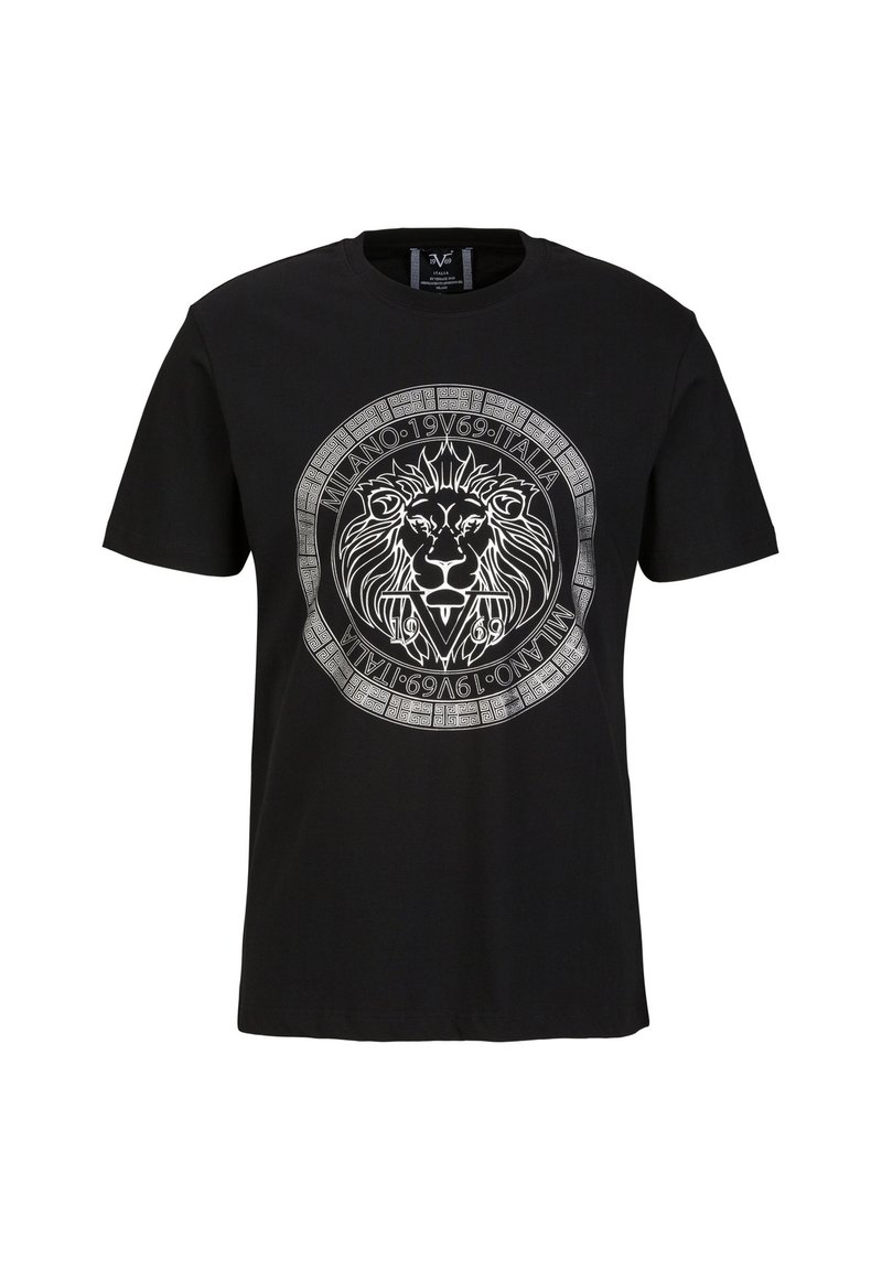 Schwarzes Baumwoll-T-Shirt mit einem zentralen weißen Löwengrafik innerhalb eines kreisförmigen Rahmens, mit dem Text "Milano 1969 Italia." Rundhalsausschnitt.