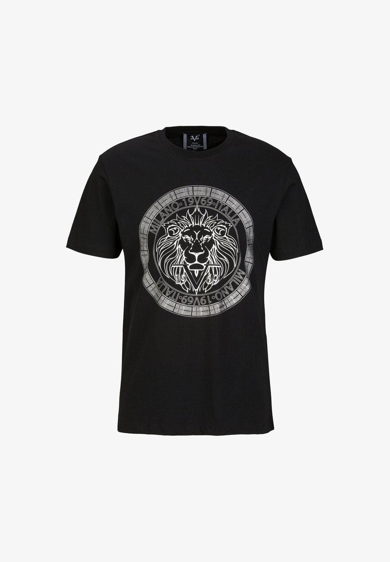 Schwarzes Baumwoll-T-Shirt mit einem zentralen weißen Löwengrafik innerhalb eines kreisförmigen Rahmens, mit dem Text "Milano 1969 Italia." Rundhalsausschnitt.