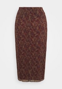 Blommönstrad midikjol i burgundy och beige toner, tillverkad av lättviktsmaterial med en figursydd design och en subtil genomskinlig nederkant.