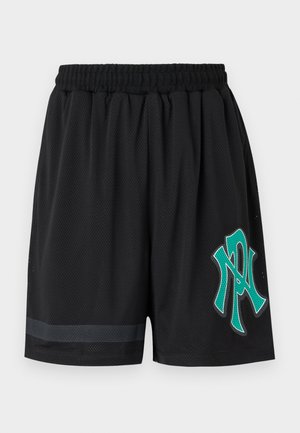 Pantalones cortos deportivos negros de malla con cintura elástica y logotipo estilizado "N" y "Y" en color verde azulado en la parte frontal de la pierna derecha.