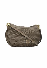 Borsa in pelle marrone con design perforato, hardware color oro, tracolla regolabile e dettaglio del logo decorativo sulla parte anteriore.