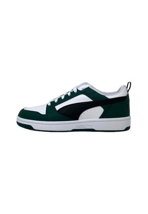 Sneaker verde e bianco con accenti neri; materiali in pelle e tessuto; design low-top; perforazioni laterali per traspirabilità.