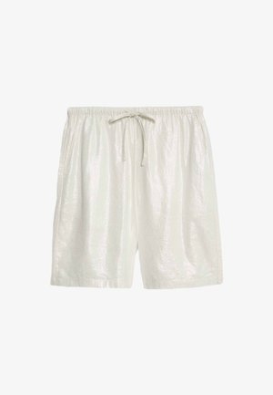 Shorts blancs brillants dotés d'une taille élastique et d'un cordon de serrage, avec des poches latérales et une coupe décontractée.