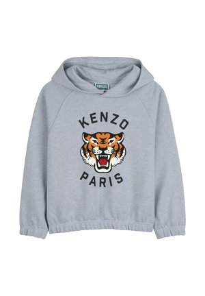 Sweat à capuche gris avec un ourlet arrondi, présentant un grand motif de tigre en orange, noir et blanc, avec le texte "KENZO PARIS" en dessous.