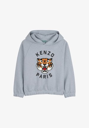 Grijze hoodie met een afgeronde zoom, voorzien van een grote tijgerprint in oranje, zwart en wit, met daaronder de tekst "KENZO PARIS".