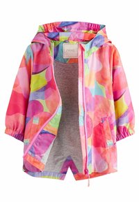 Veste de pluie colorée et légère avec un mélange de motifs circulaires roses, jaunes et bleus, dotée d'une capuche et de poches avant. Fermeture éclair.