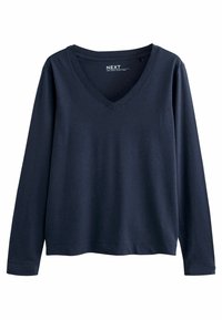 Marinblå långärmad t-shirt tillverkad i mjukt material; har en V-ringning och rak fåll; minimal design utan synliga mönster eller accenter.