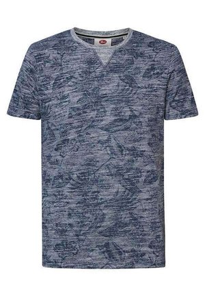 Kurzärmliges blau meliertes T-Shirt mit dezentem dunkelblauem tropischem Blatt- und Blumenmuster.