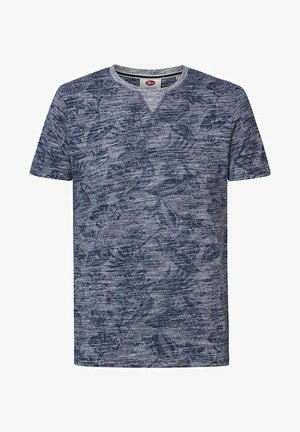 Niebieski melanżowy t-shirt z krótkim rękawem, z delikatnym, ciemnoniebieskim wzorem tropikalnych liści i kwiatów.