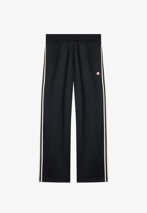 Zwarte sportbroek met een rekbare tailleband, voorzien van witte zijkanten en een klein logo op het rechterbeen. Gladde stoftextuur.