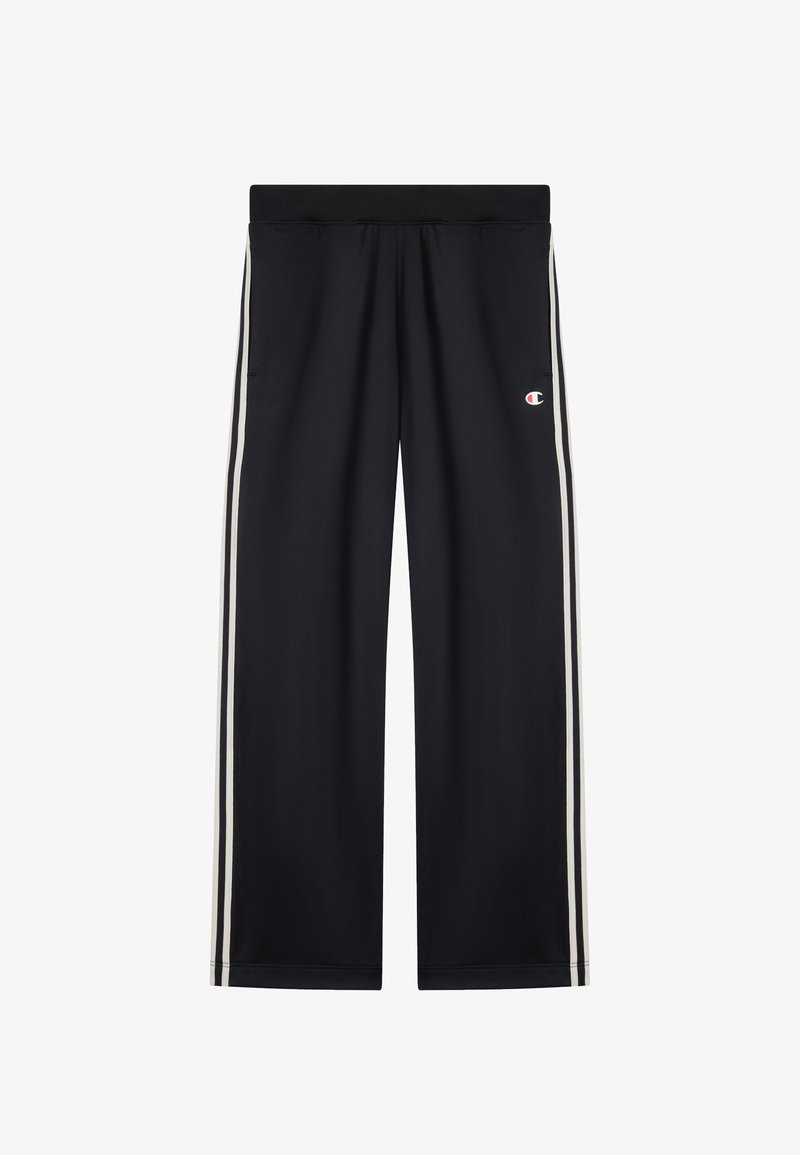 Pantalons de sport noirs avec une taille élastique, dotés de bandes latérales blanches et d'un petit logo sur la jambe droite. Texture de tissu lisse.